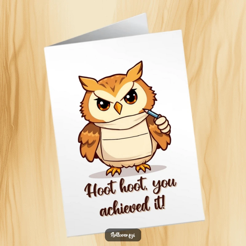 Funny Free Printable Congratulations Card: A determined owl artist wearing a smock draws with intense concentration, celebrating your success.