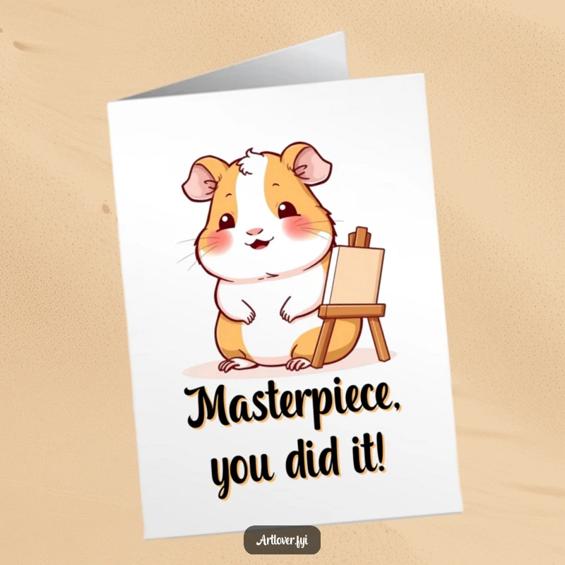 Funny Free Printable Congratulations Card: Contented guinea pig sitting beside easel, smiling, celebrating a creative success.