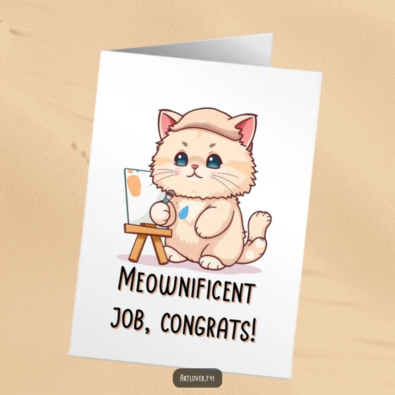 Funny Free Printable Cat Artist Congratulations Card: A cat wearing a beret, dabbing paint onto a canvas, celebrating a great accomplishment.