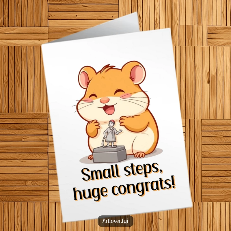 Funny Free Printable Congratulations Card: Joyful hamster admiring a small sculpture, bringing sophisticated humor to your congrats.