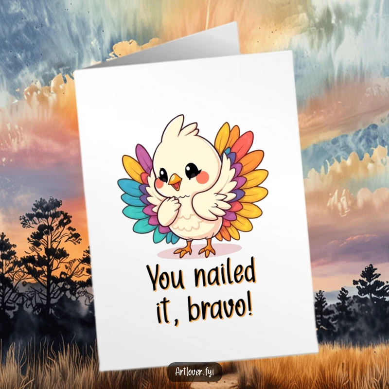 Funny Free Printable Congratulations Card showcasing a happy bird character humming while expertly arranging vibrant feathers.