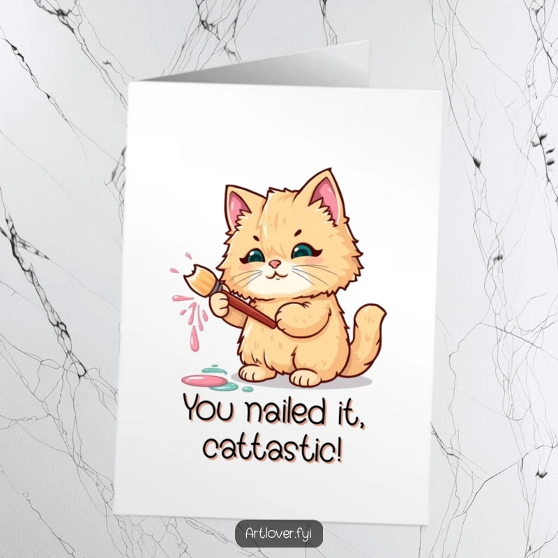 Funny Free Printable Congratulations Card depicting a fluffy cat artist, artfully splattering paint to celebrate.
