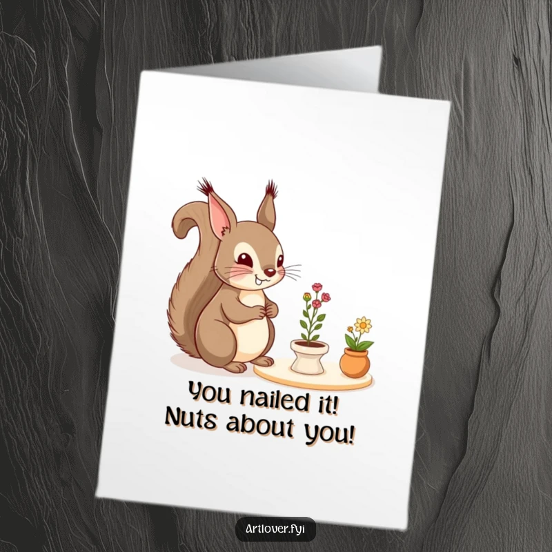 Funny Free Printable Congratulations Card: A cheerful squirrel examines a miniature still life with a critical, appreciative eye.