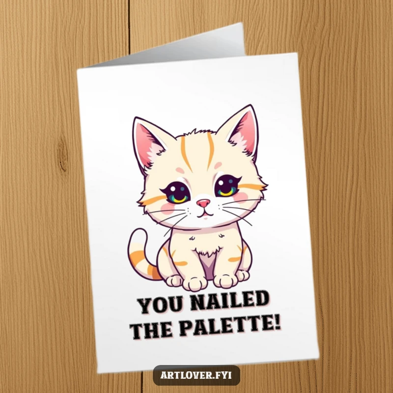 Funny Free Printable Cat Artist Congratulations Card: A skilled cat artist proudly displays a colorful, abstract painting.