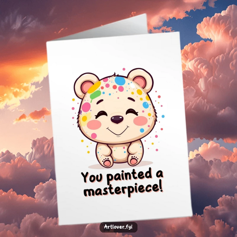 Funny Free Printable Congratulations Card of a smiling bear artist covered head-to-toe in colorful paint.