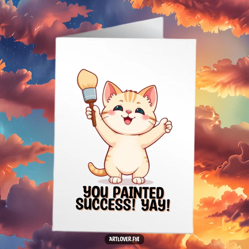 Funny Free Printable Congratulations Card: A triumphant kitten artist holds a paintbrush aloft, celebrating a grand achievement.