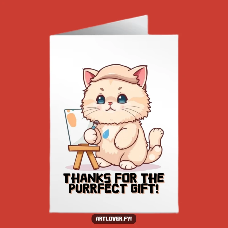 Free Printable Cat Artist Thank You Card: Funny Beret Painter Downloadable Gift