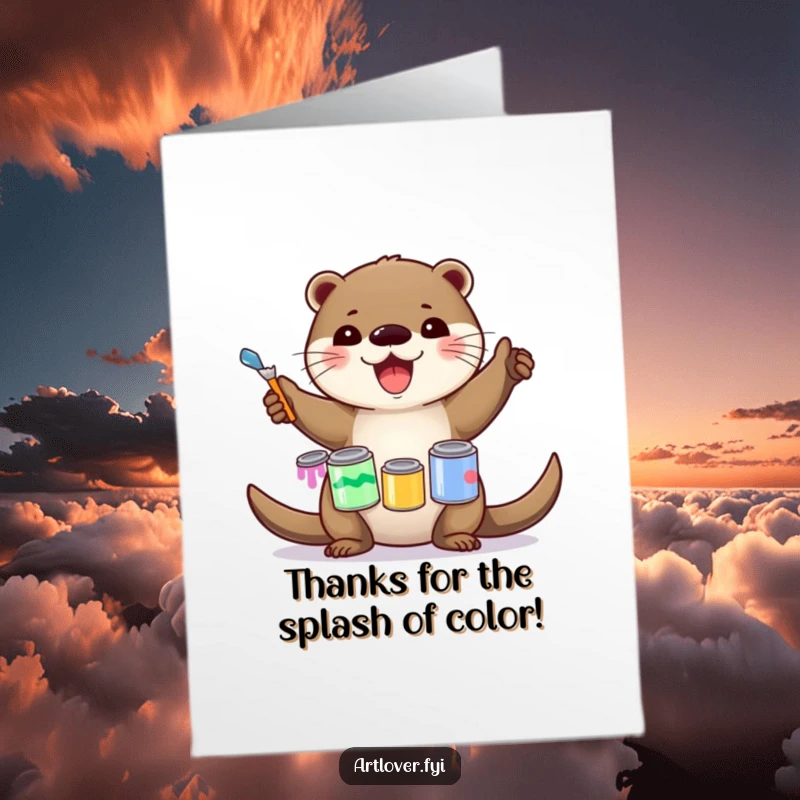 Funny Free Printable Thank You Card showing a delighted otter artist balancing multiple paint cans.