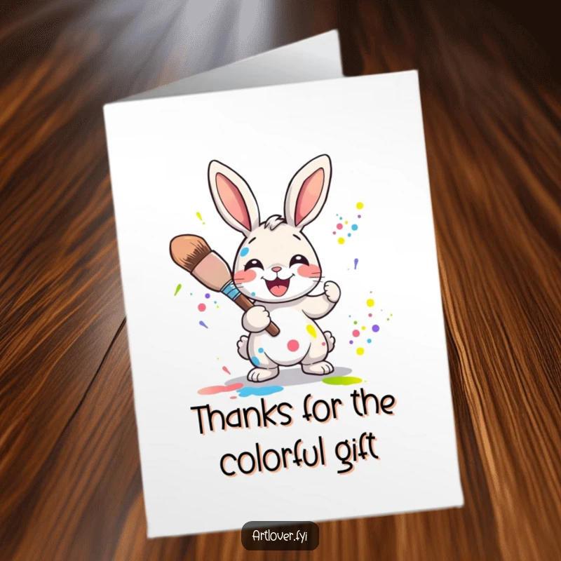 Funny Free Printable Thank You Card: Joyful rabbit character splattering colors with a big paintbrush, showing thanks with a happy leap.