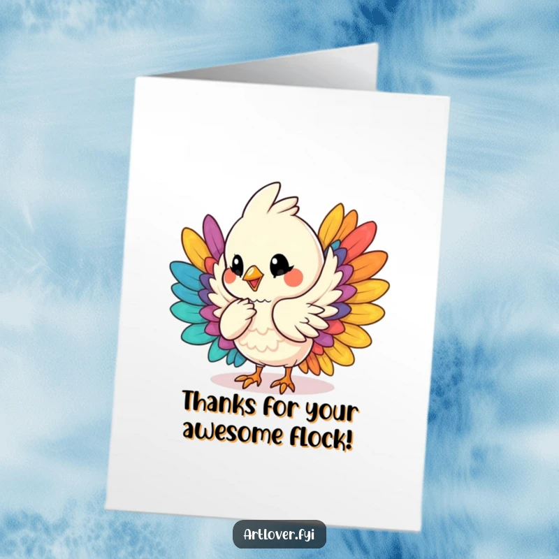 Funny Free Printable Thank You Card featuring a creative bird character arranging colorful feathers with a cheerful hum.