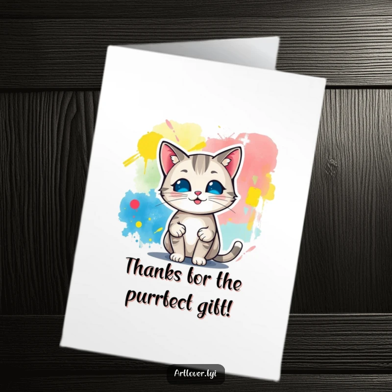 Funny Free Printable Thank You Card depicting a proud cat proudly presenting a vibrant, abstract artwork.