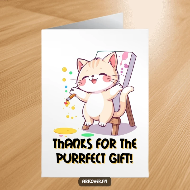 Creative Free Printable Thank You Card showing a cat gleefully splattering paint onto a canvas.