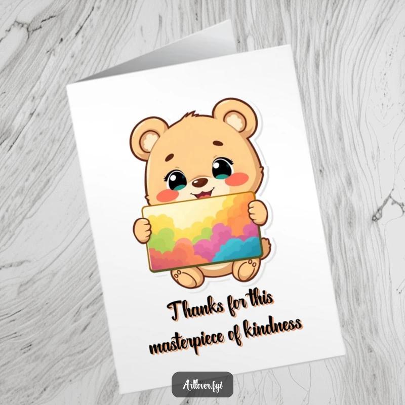 Funny Free Printable Thank You Card: A happy bear cub, eyes shining, presenting a beautiful painting as a token of thanks.