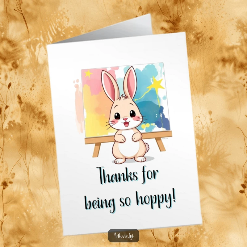 Funny Free Printable Thank You Card: A playful bunny artist poses with a colorful abstract canvas, saying thanks.