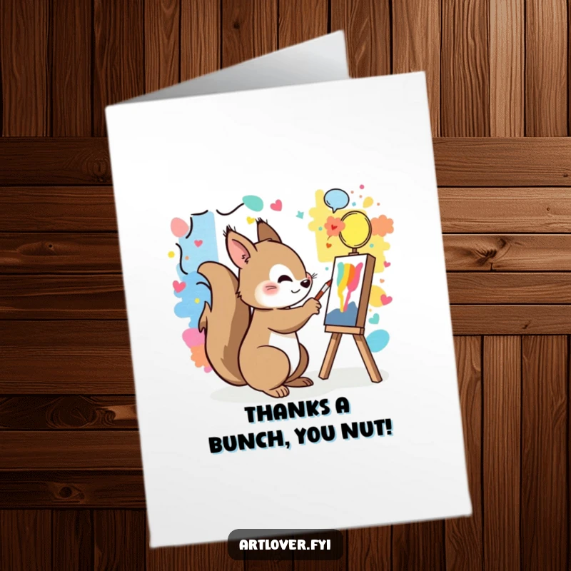 Funny Free Printable Thank You Card of a playful squirrel artist, painting a colorful mural to show appreciation.