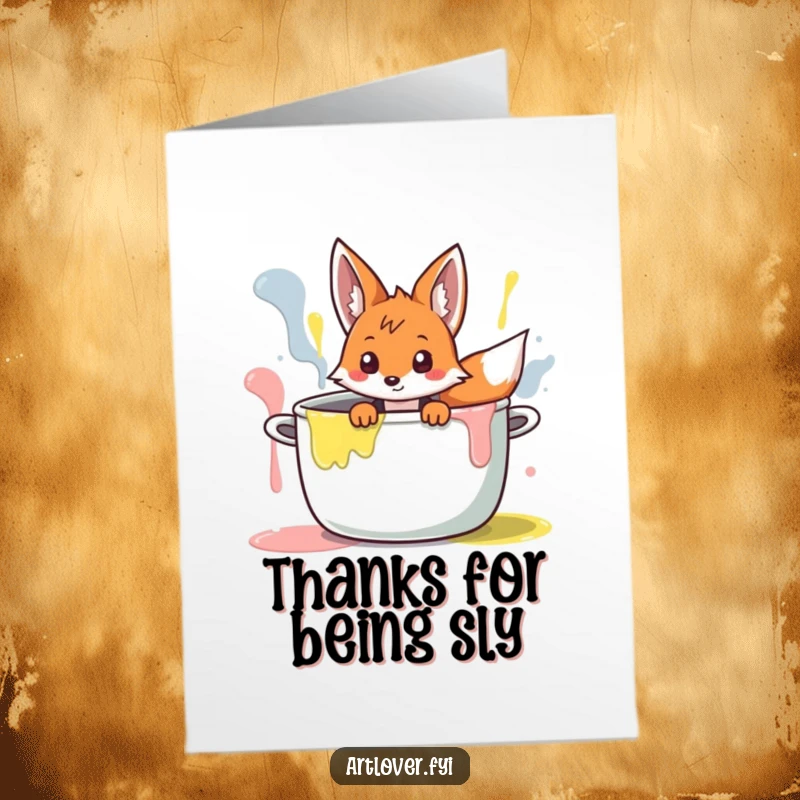 Funny Free Printable Thank You Card: Curious fox character peeking from inside a giant paint pot, offering a mysterious thank you gesture.