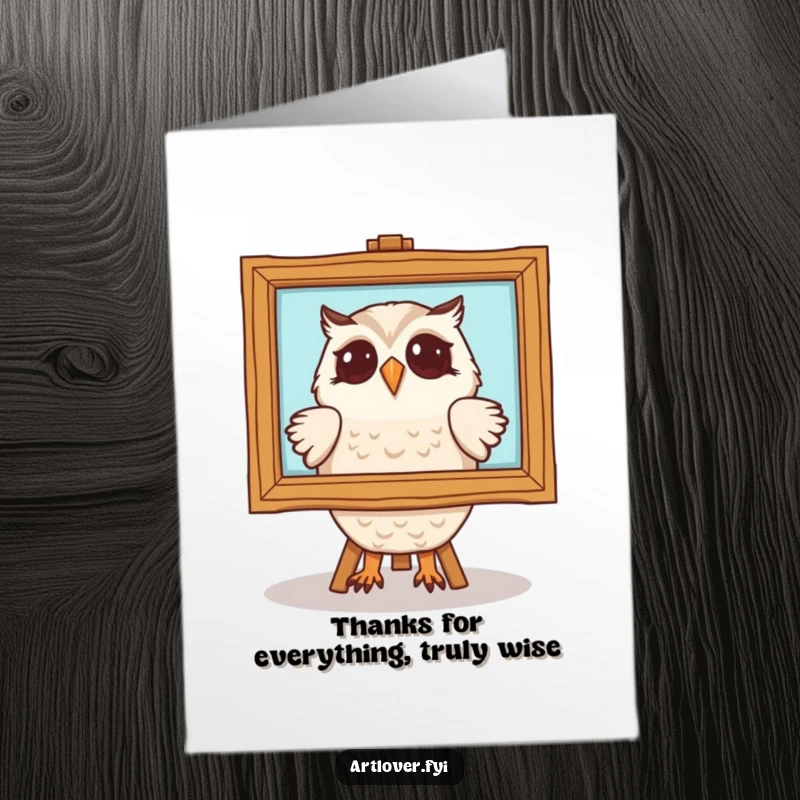 Thoughtful Free Printable Thank You Card depicting a delighted owl character captivated by a framed painting.