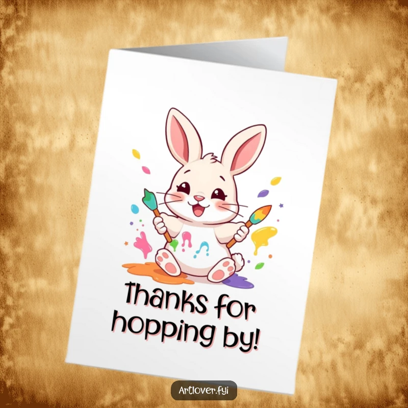 Funny Free Printable Rabbit Painter Thank You Card: A happy rabbit mixing paints with its paws, offering thanks in a colorful way.