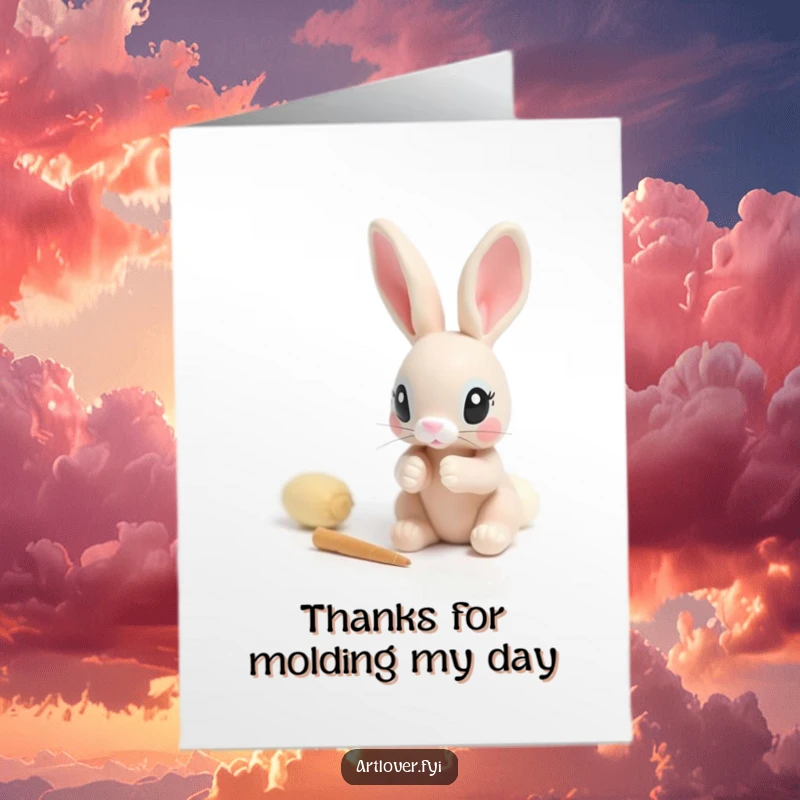 Funny Free Printable Thank You Card: A rabbit artistically sculpting a miniature clay figure with utmost concentration.
