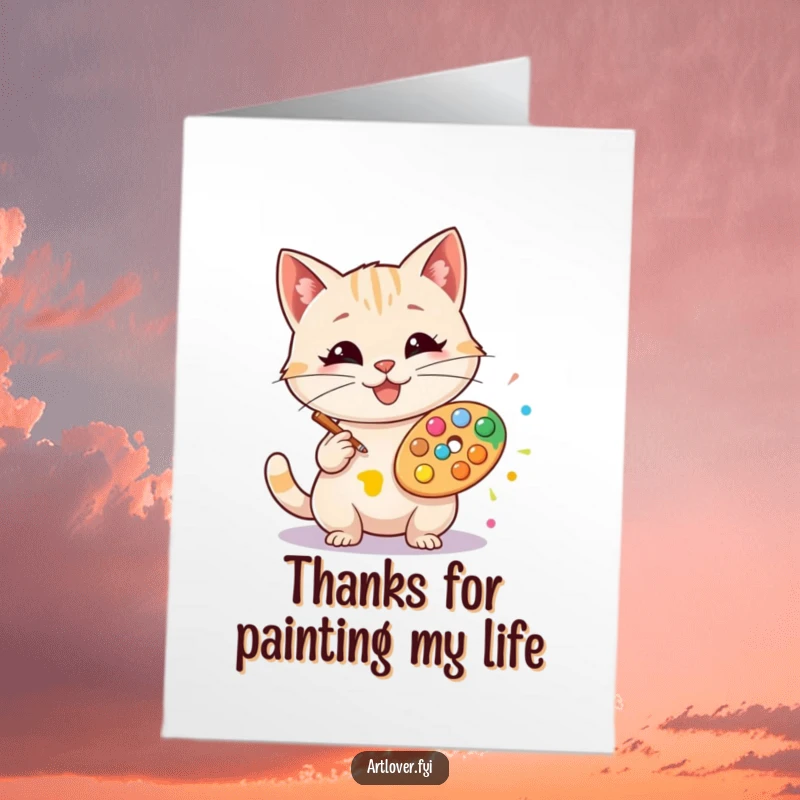Funny Free Printable Thank You Card featuring a happy cat artist with a palette, creating a colorful thank you splat.