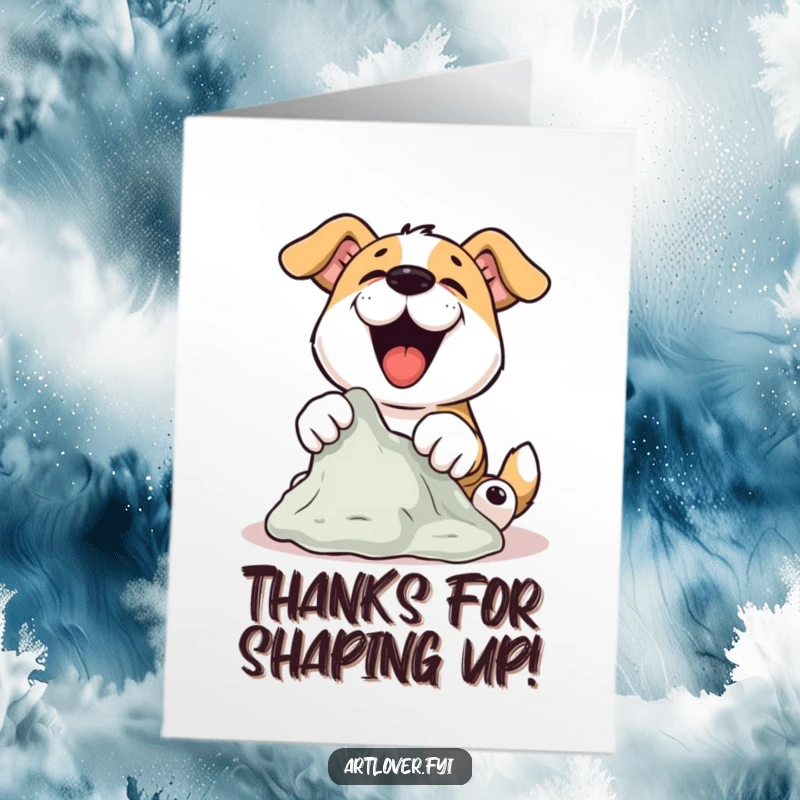 Funny Free Printable Dog Sculptor Thank You Card: A dog sculptor holds a finished piece, offering thanks with a happy wag.