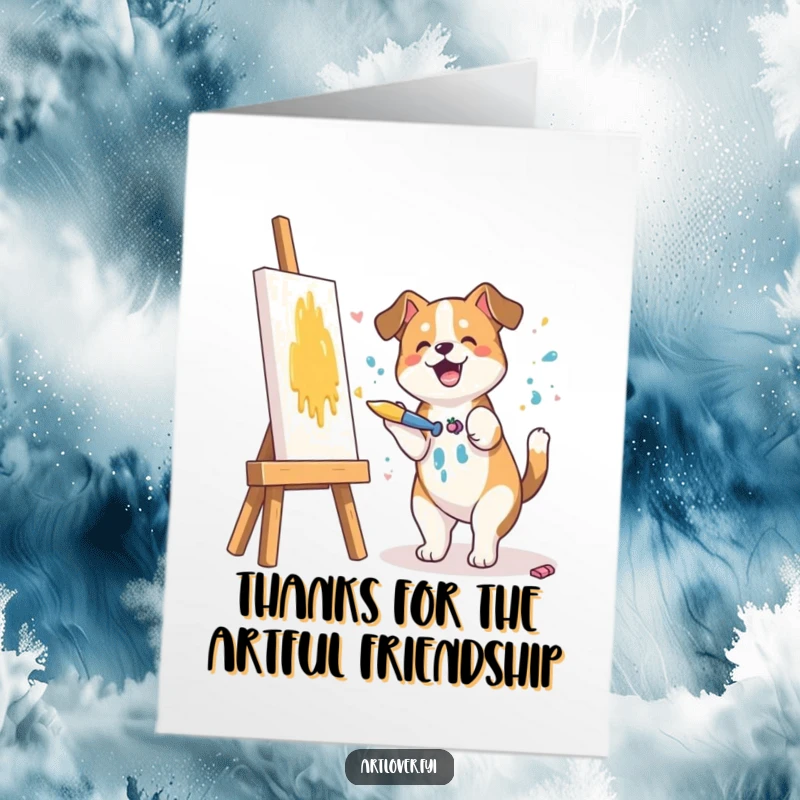Funny Free Printable Thank You Card: A happy dog artistically splashing vibrant paint onto a canvas with a brush.
