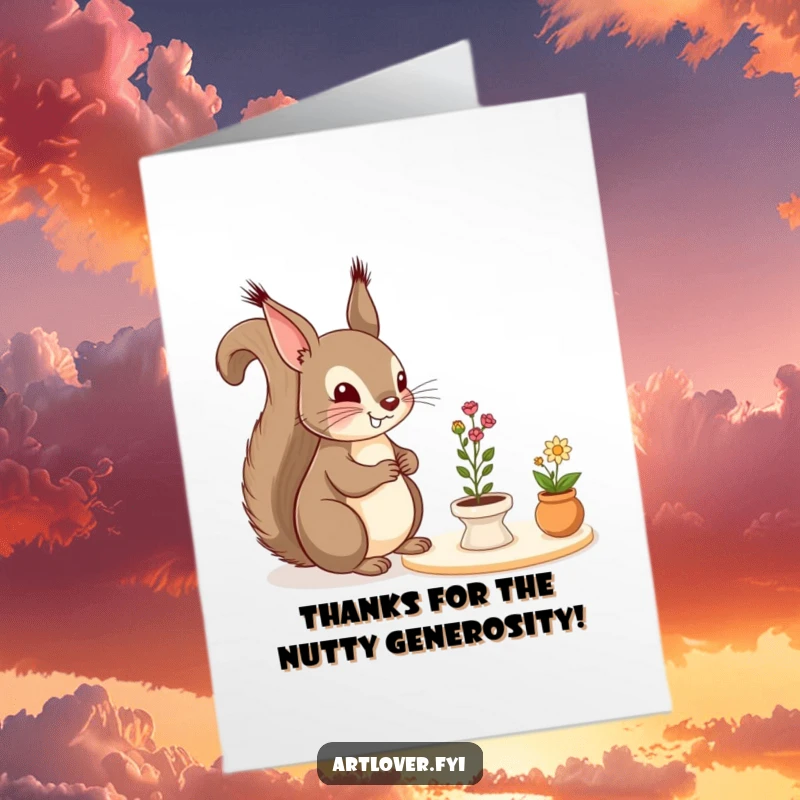 Funny Free Printable Thank You Card: A cheerful squirrel looks lovingly at a miniature still life, conveying thanks.