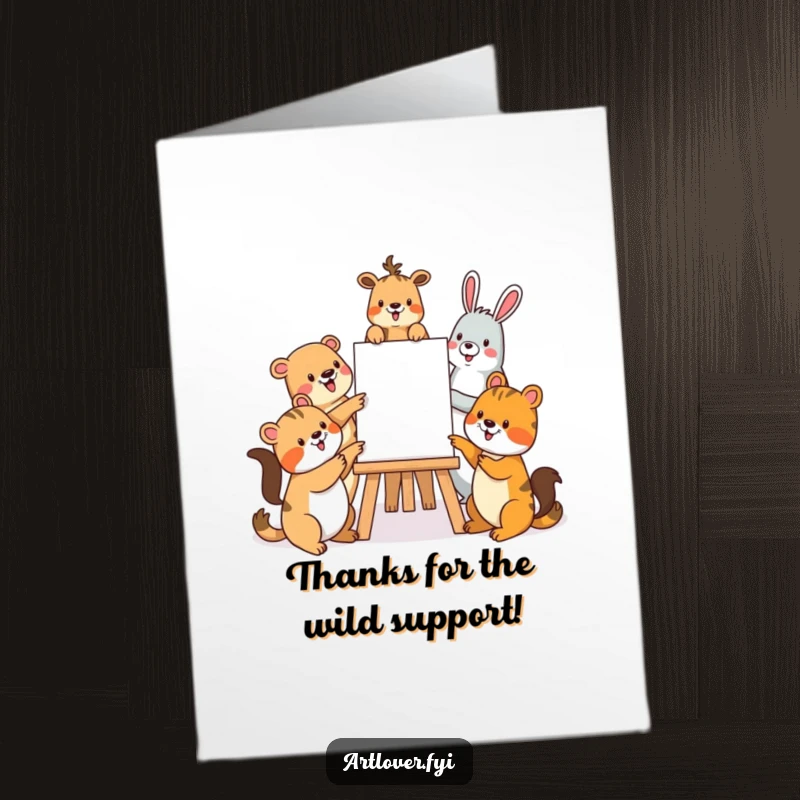 Funny Free Printable Thank You Card: A happy group of animals gathers around an easel, smiling and pointing gratefully.