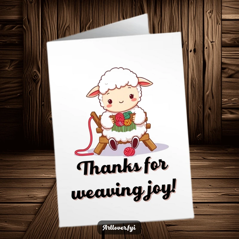 Funny Free Printable Thank You Card: Fluffy sheep happily weaves colorful yarn, creating a thank you masterpiece.