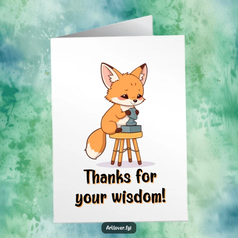 Funny Free Printable Fox Art Critic Thank You Card: A fox on a stool studying a sculpture, expressing thanks for its beauty.