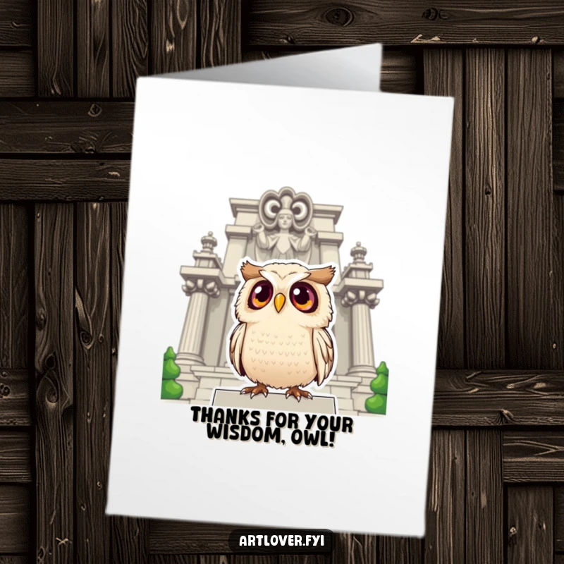 Funny Free Printable Thank You Card: Surprised owl with large eyes looking up at a statue, offering a humorous thank you.