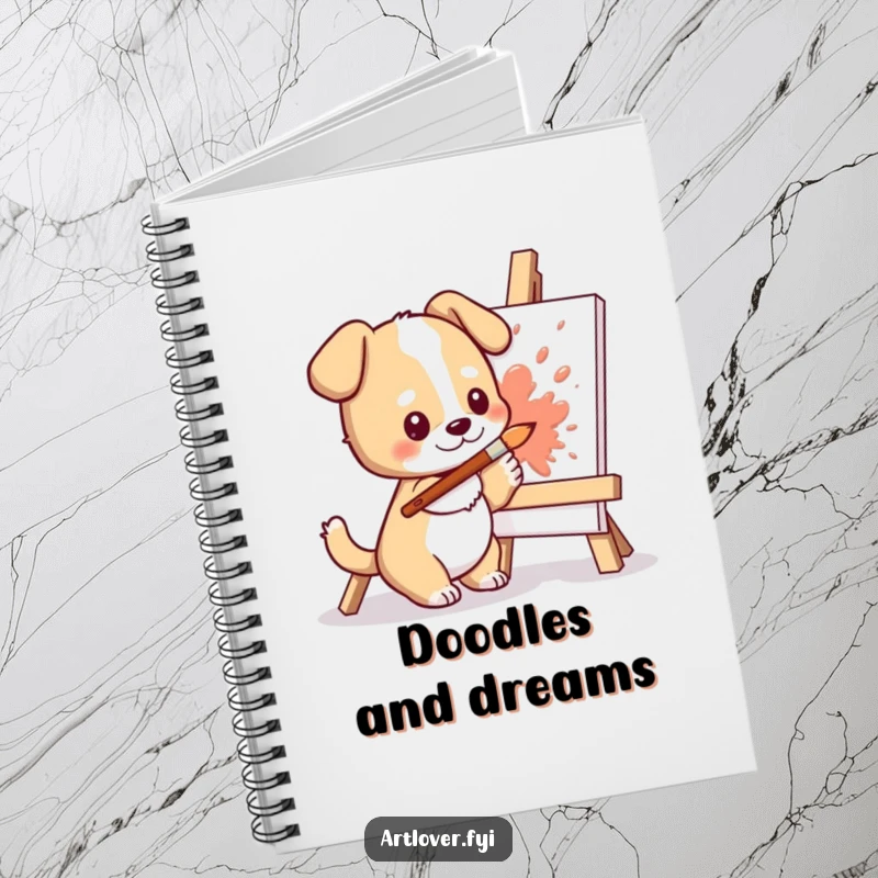 Funny Dog Artist Notebook: Cute dog character splashing colorful paint onto a canvas with a brush on the cover.