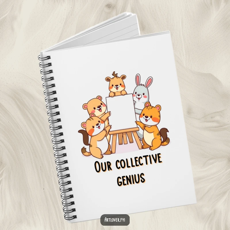 Funny notebook cover with a group of animals around an easel, ideal for sketching ideas and recording creative thoughts.