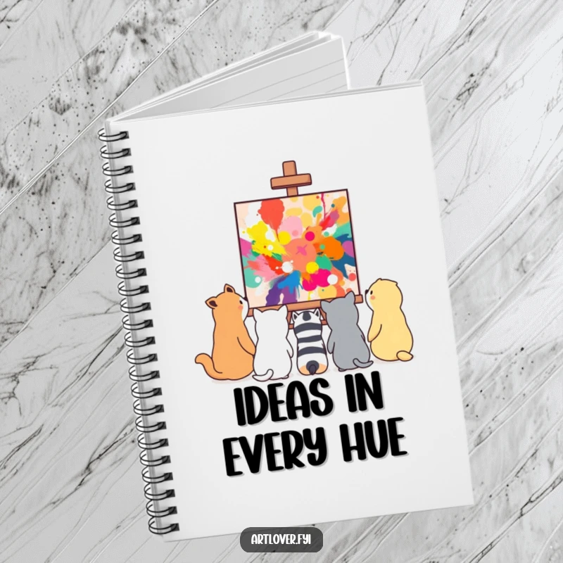 Funny animals admiring a vibrant, abstract painting, on the cover of a creative art-themed notebook.