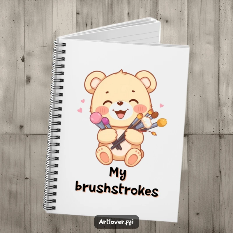 Funny notebook featuring a joyful bear cub holding a bouquet of paint brushes, perfect for artistic scribbles.