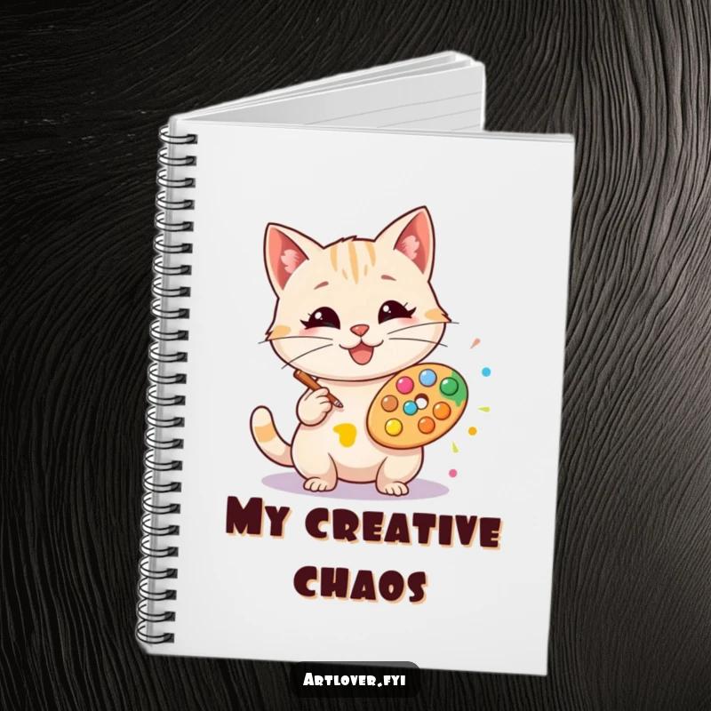Funny artist cat notebook, featuring a happy cat artist creating a colorful art splat for jotting down ideas.
