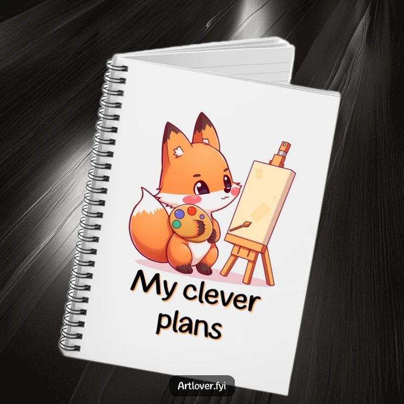 Funny notebook featuring an enthusiastic fox with a paint-smeared cheek, admiring a canvas, perfect for creative notes.