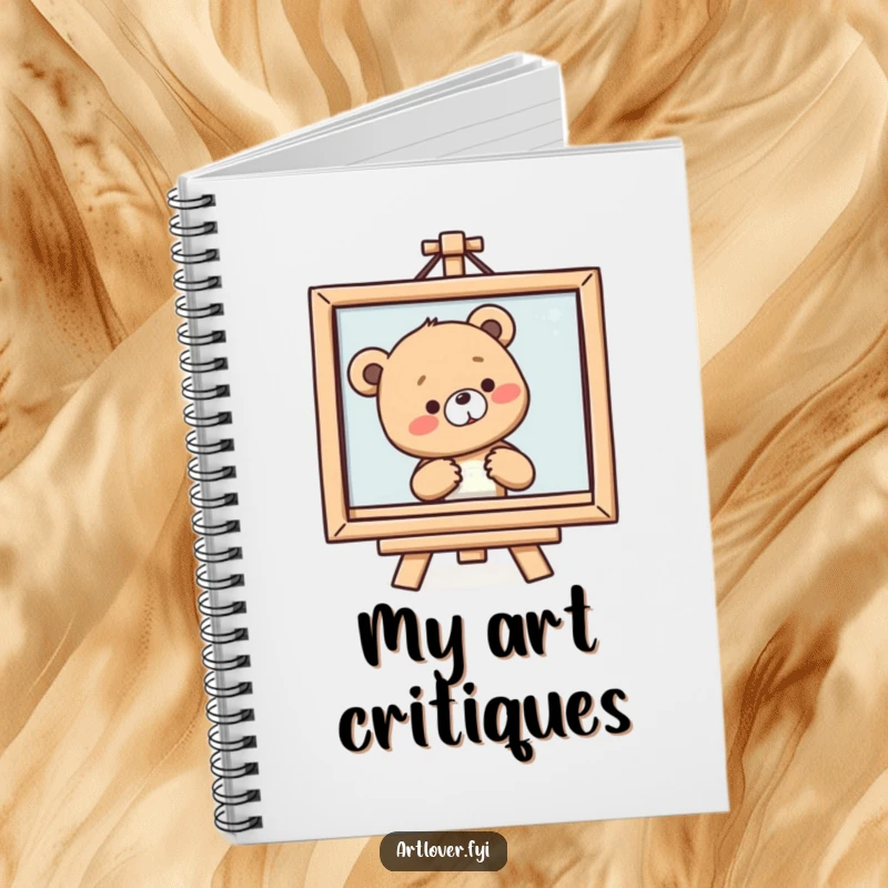 Funny Bear Cub Art Notebook featuring a smiling cub sighing at a framed painting, ideal for artistic journaling.