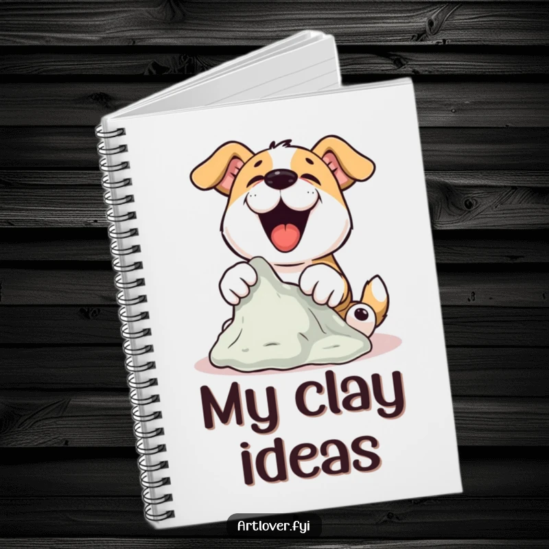 Funny Dog Sculptor Notebook with a dog joyfully sculpting clay with its paws, ideal for writing and as a funny gift.