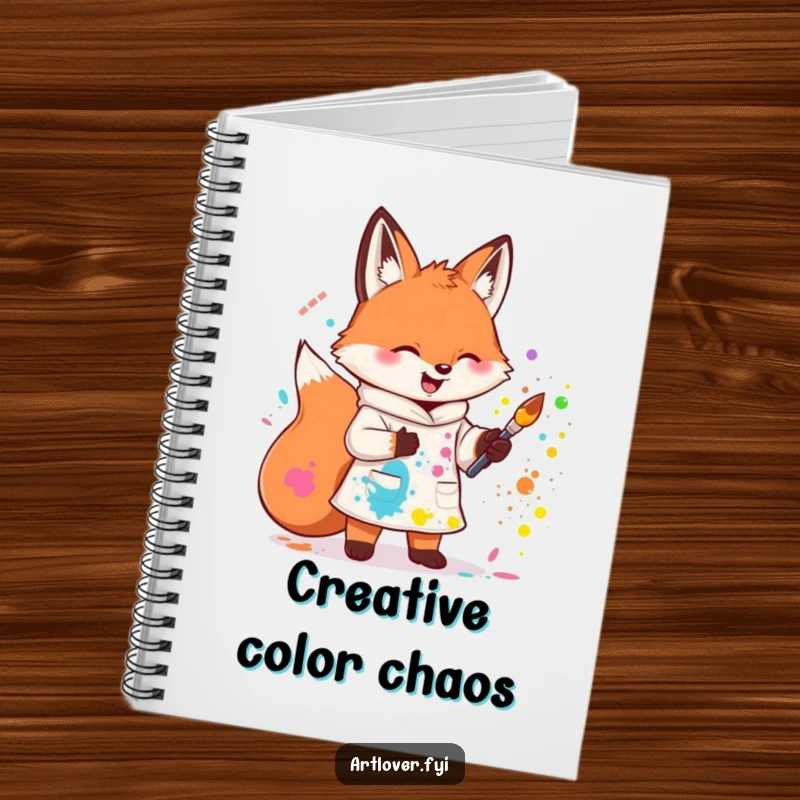 Funny notebook with a cute fox artist splattering paint, perfect for notes and sketches. A cute and useful gift.