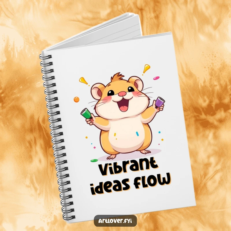 Funny hamster notebook with an excited hamster character juggling colorful paint tubes. A vibrant and humorous stationery item for aspiring artists.