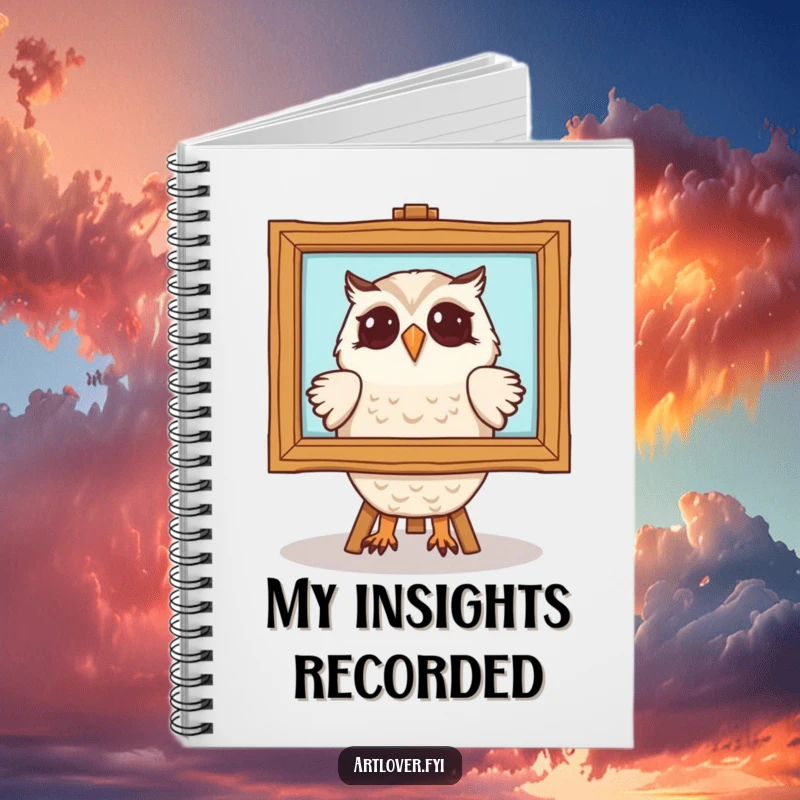 Funny owl notebook with a delighted owl character admiring a framed painting. A sophisticated and humorous stationery item for thinkers.