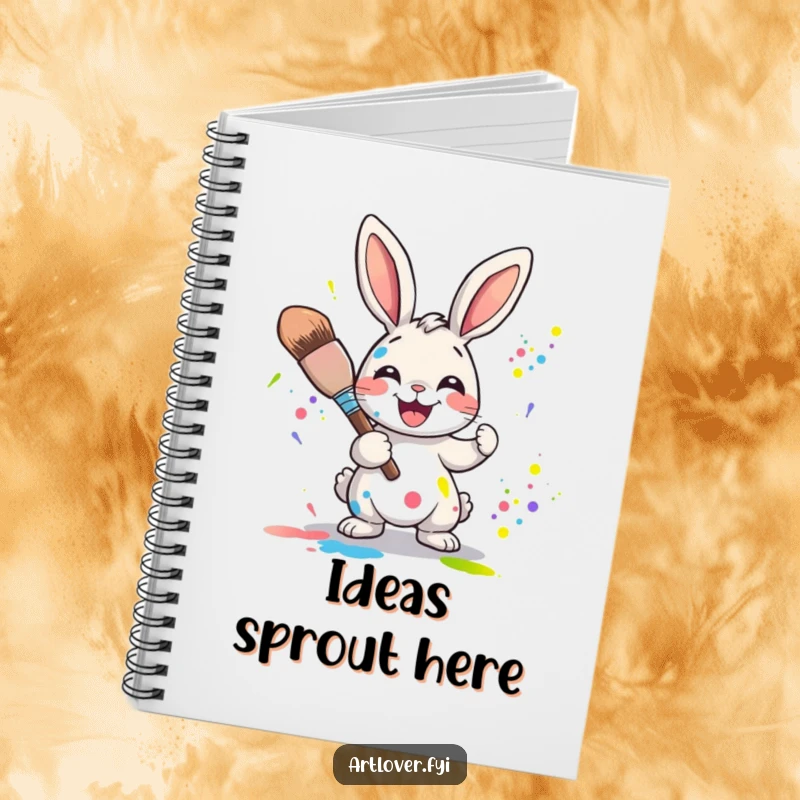 Funny Rabbit Artist Notebook: Joyful rabbit character holding a large paintbrush, splattering colors on the cover.