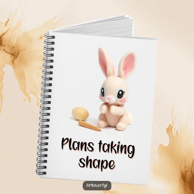 Funny notebook featuring a rabbit sculptor with focused eyes creating a small clay figure, inspiring creativity.