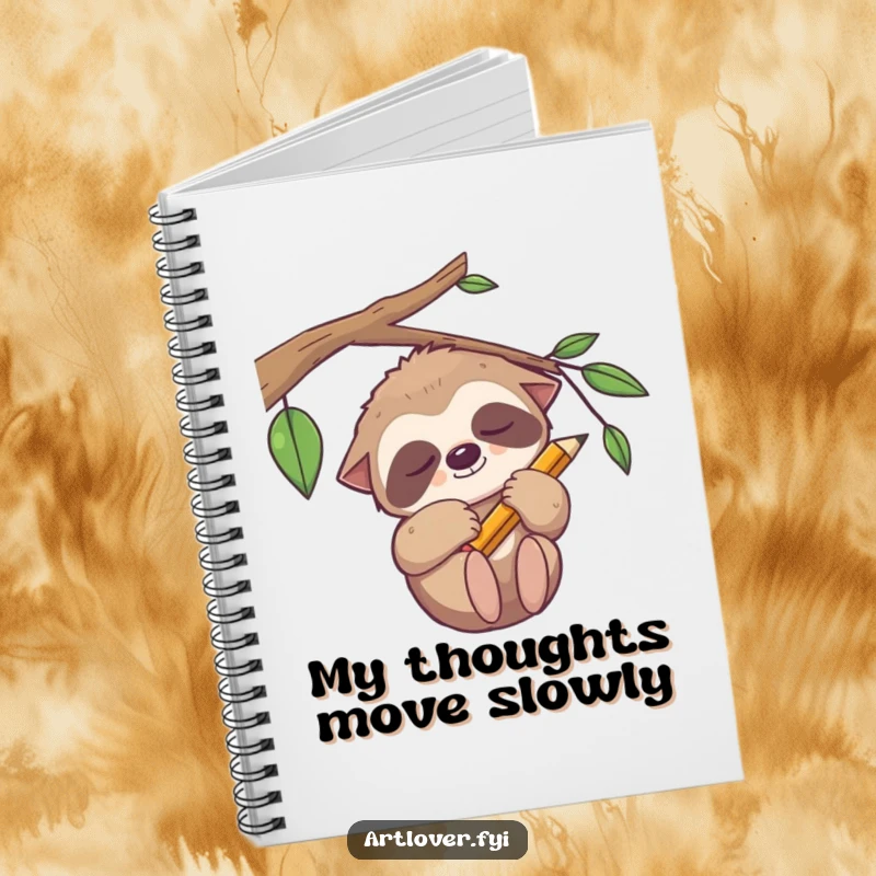 Funny sleepy sloth notebook, a relaxed artist holding a pencil, perfect for journaling and sketching ideas.