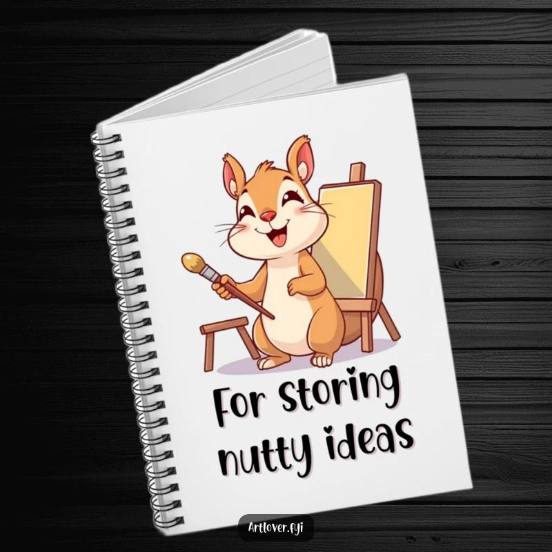 Funny Squirrel Artist Notebook featuring a delighted squirrel with a paintbrush and canvas, ideal for creative writing and drawing.