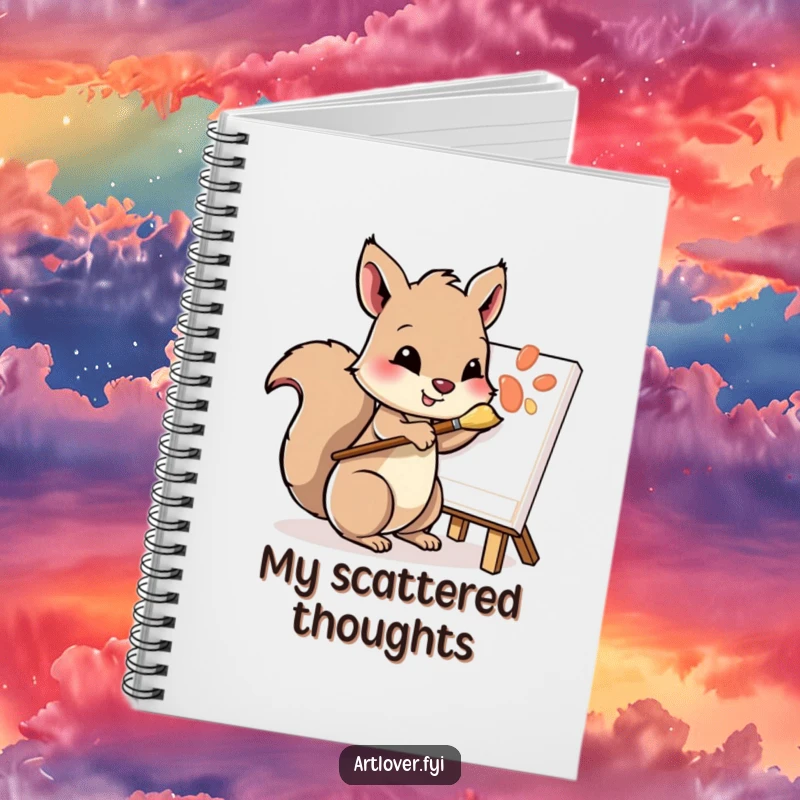 Funny notebook featuring a playful squirrel character, paintbrush in paw, dabbing at a canvas, perfect for creative journaling.