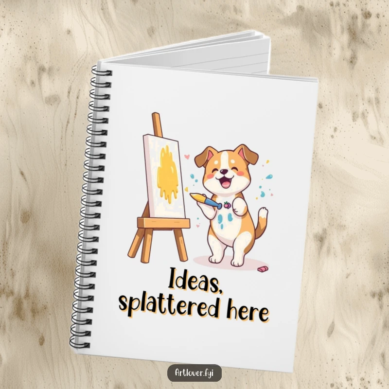 Funny notebook with a dog artist splashing paint on a canvas, inspiring creativity and laughter for note-taking.