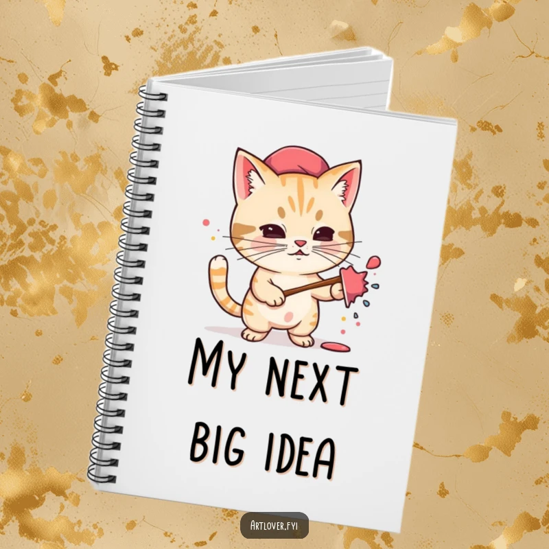 Funny notebook with a determined cat artist, wearing a beret, enthusiastically splattering paint, perfect for jotting down creative ideas.