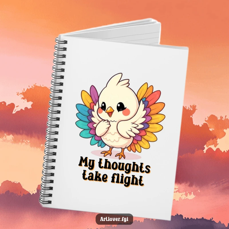 Funny notebook with a cover illustration of a bird character humming and arranging colorful feathers, ideal for journaling or note-taking.